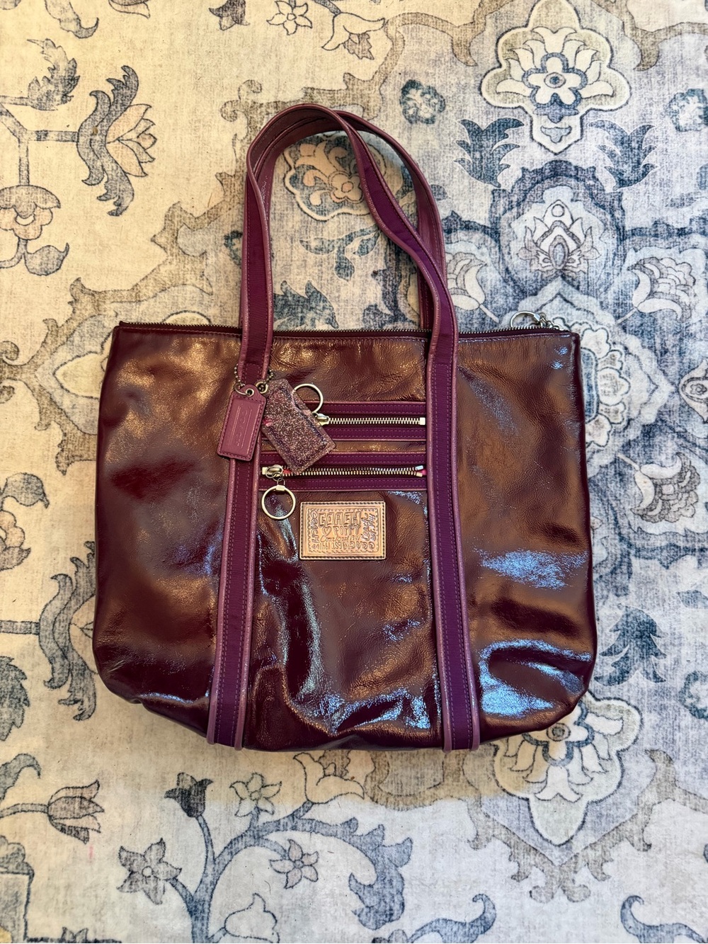 Coach Poppy Patent Leather Burgundy Tote with Dual Handles